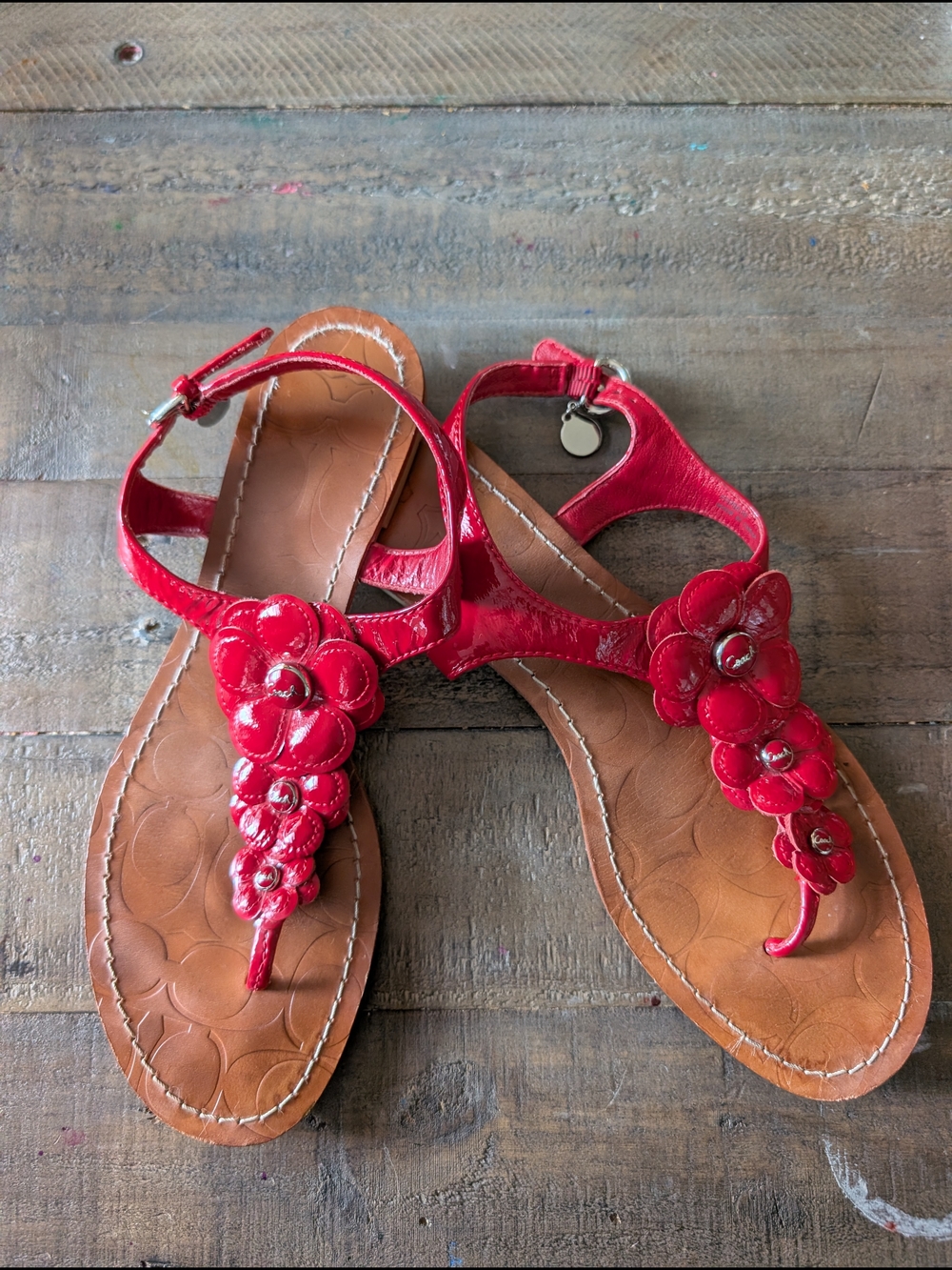Coach Omega Red Floral T-Strap Sandals